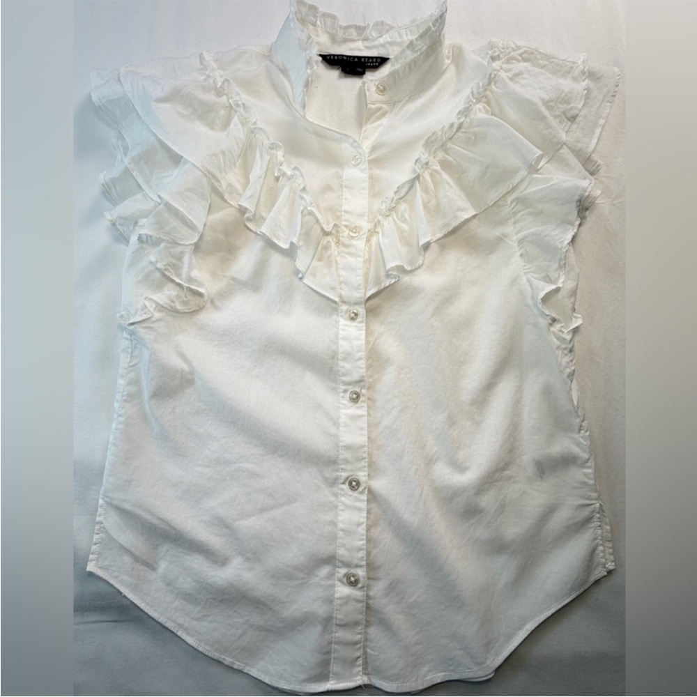 Veronica Beard White Ruffle-Trim Button Front Blouse - Picture 4 of 7